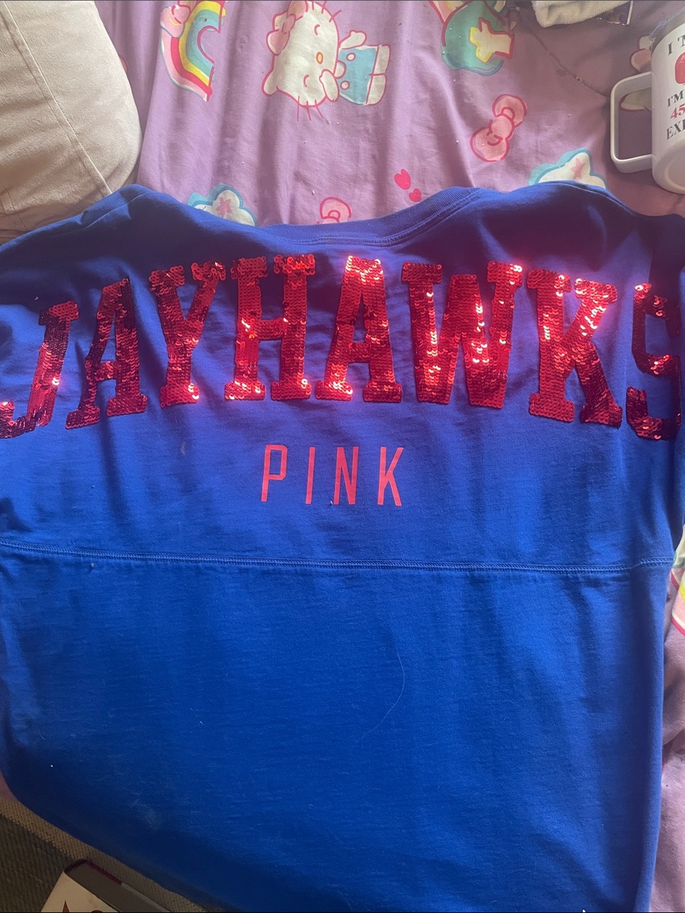 PINK Victoria's Secret Royal Blue Long Sleeve Crew with Red Sequin 'JAYHAWKS'